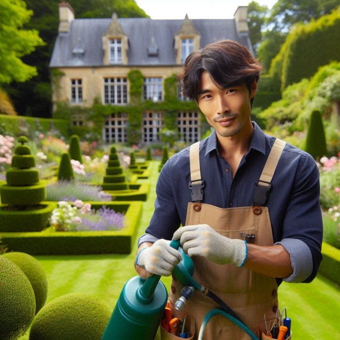 Homme souriant avec un arrosoir dans un jardin bien entretenu.