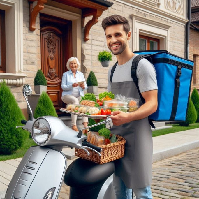 Un livreur souriant porte des plats sur un scooter devant une maison. Une cliente les attend.