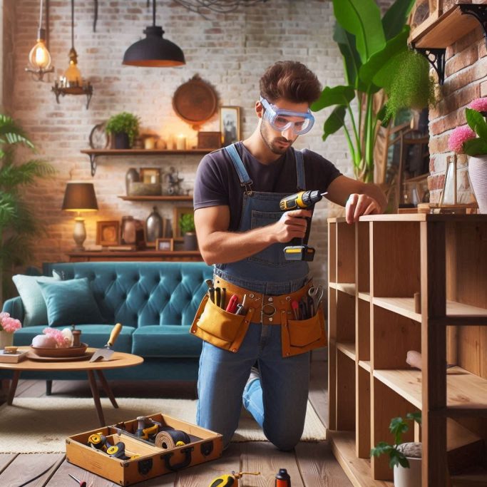 Homme utilisant une perceuse pour assembler une étagère dans un intérieur décoré.