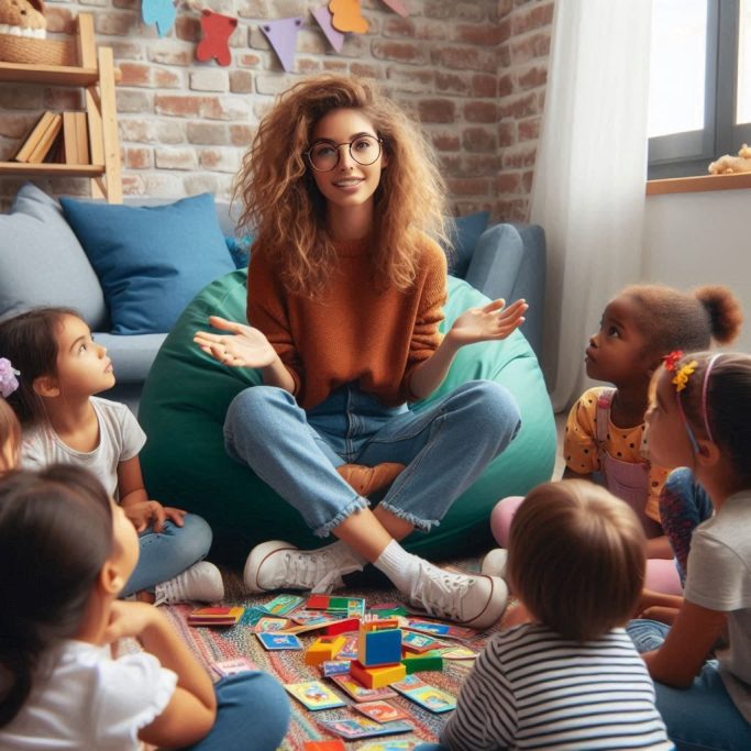 Femme assise sur un pouf, entourée d'enfants, avec des jouets au sol.