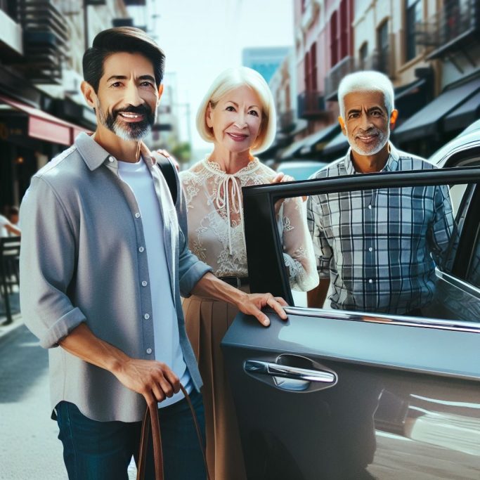 Un homme, une femme et un homme âgé sourient près d'une voiture dans une rue animée.